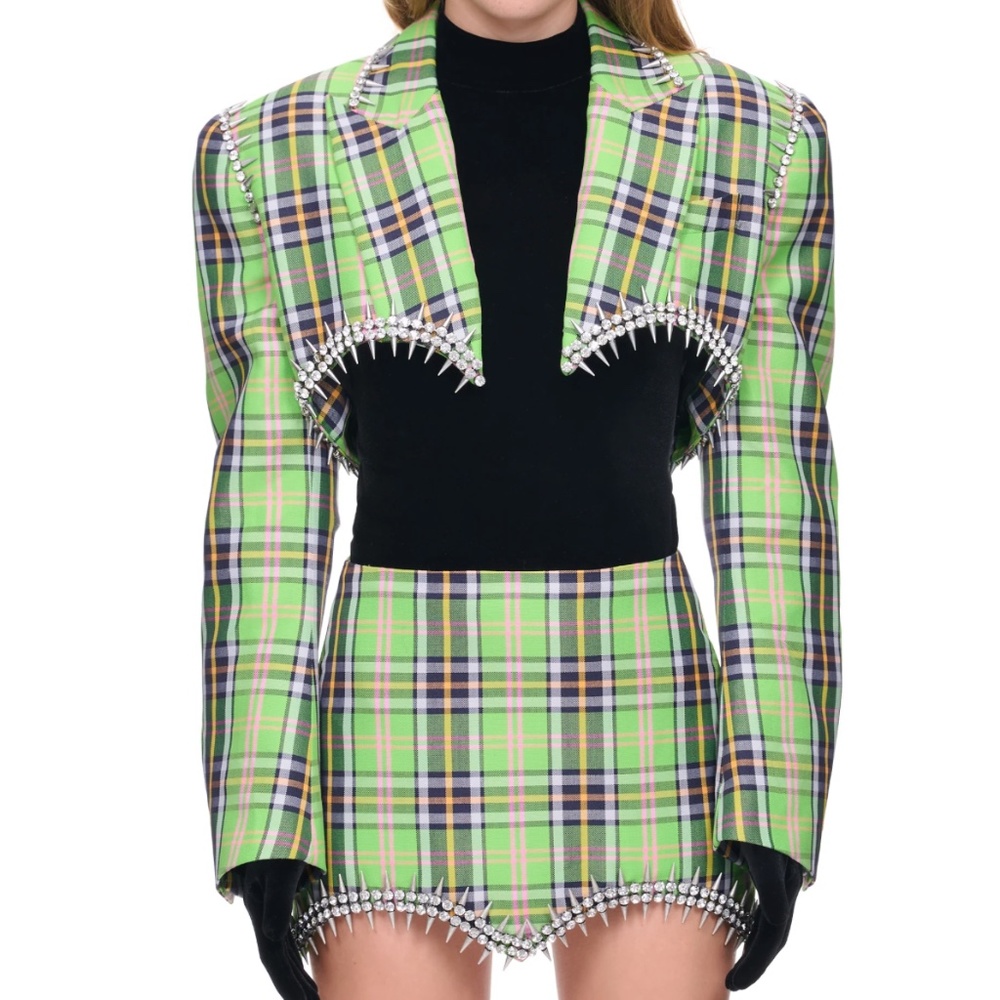 AREA Plaid Crystal Spike Blazer and Mini Pencil Skirt
